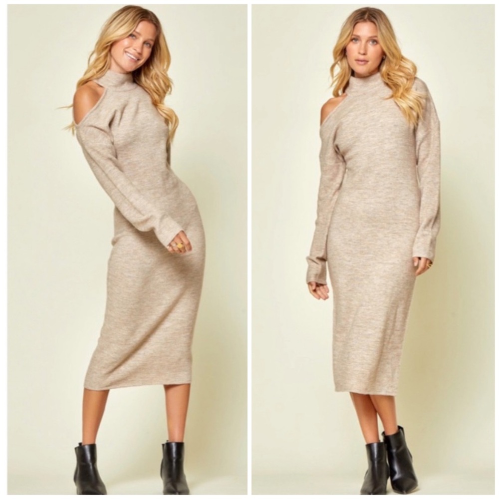 Oyster Cold Shoulder Knit Midi Sweater Stretchy Dress